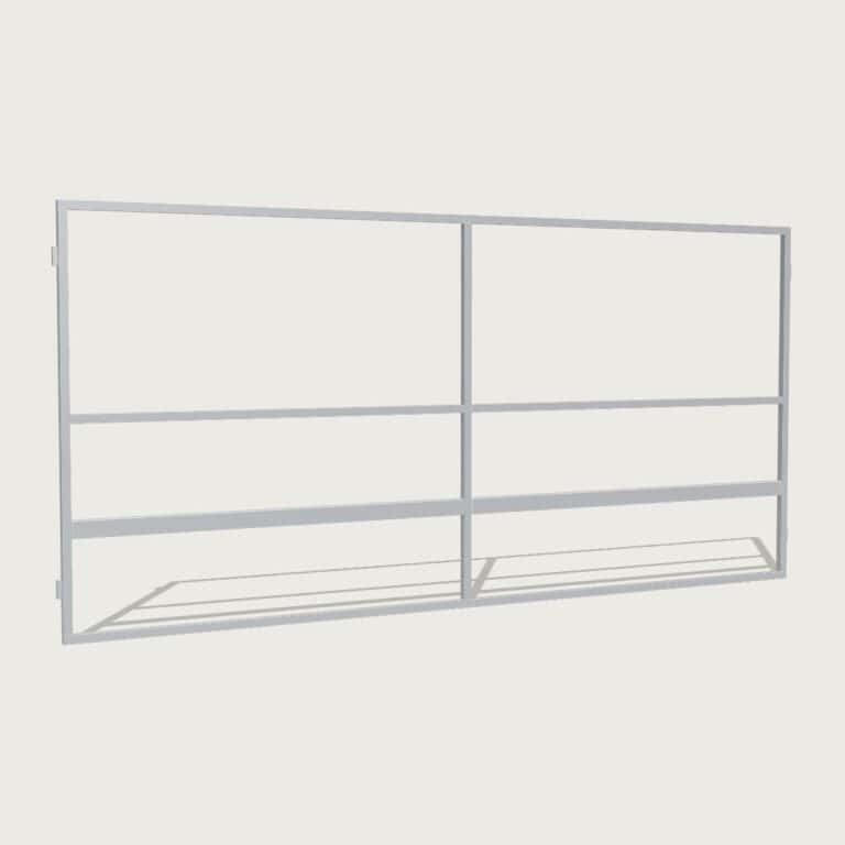 Guerilla Steel Stables rear panel, 5000 × 2400 mm, galvanised 50×50 SHS frame, 2 rail (100×50 rails), open upper.