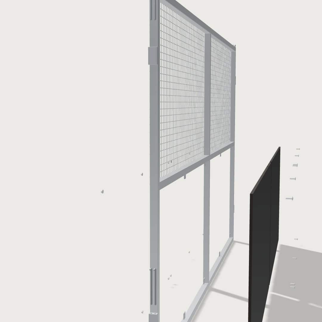 Guerilla Steel Stables end / divider, 4000 × 2400 mm, galvanised 50×50 SHS frame, black ply lower, welded mesh upper.