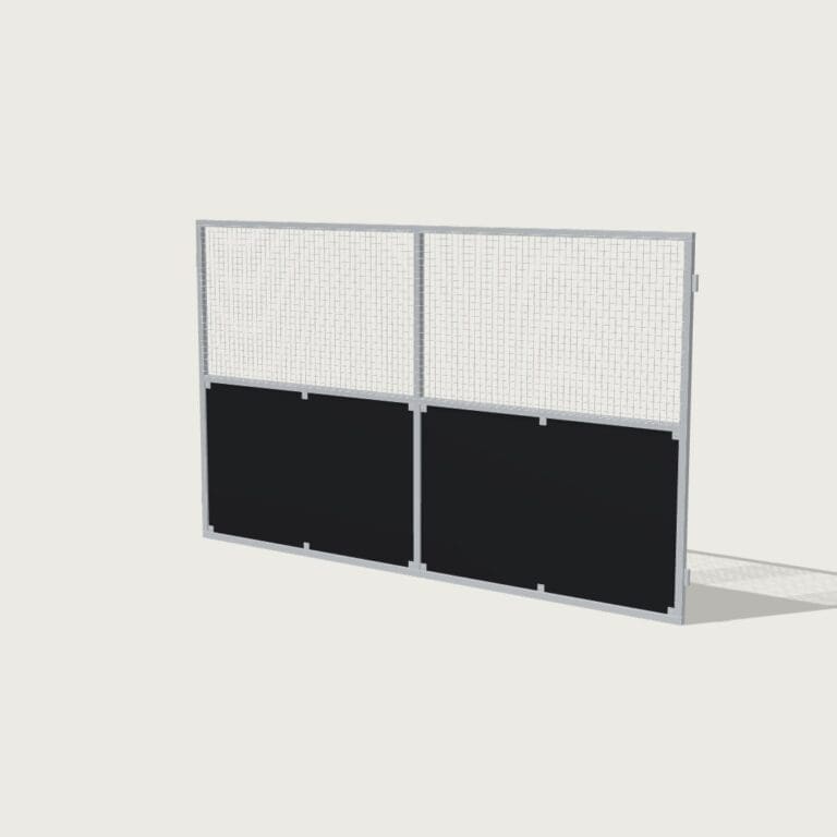 Guerilla Steel Stables rear panel, 4000 × 2400 mm, galvanised 50×50 SHS frame, black ply lower, welded mesh upper.