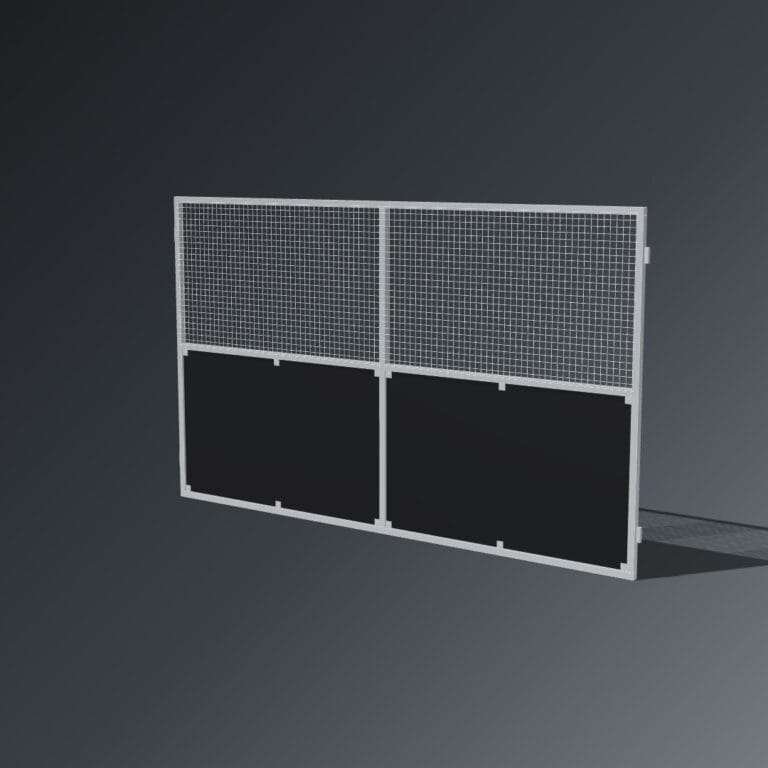Guerilla Steel Stables rear panel, 4000 × 2400 mm, galvanised 50×50 SHS frame, black ply lower, welded mesh upper.