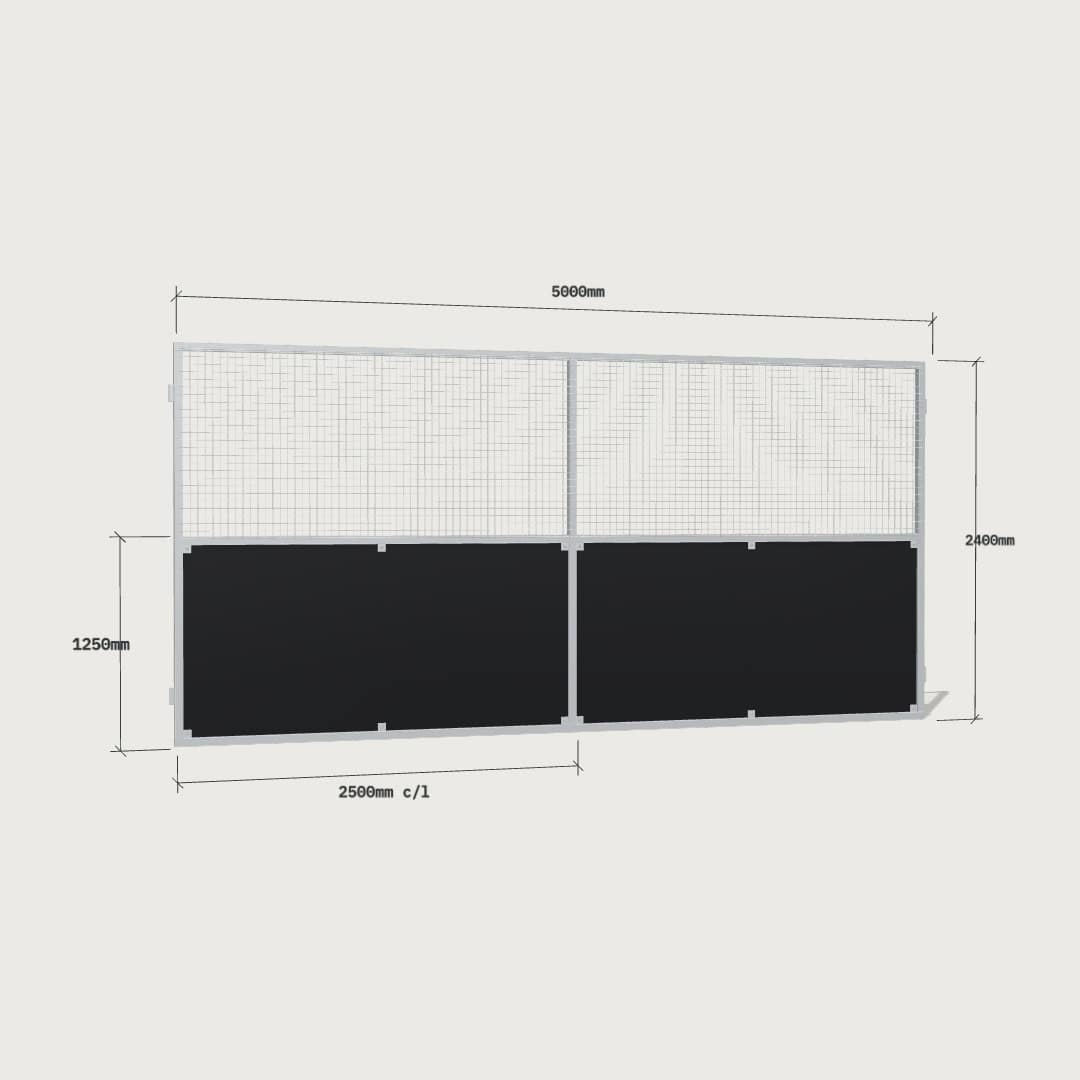 Guerilla Steel Stables rear panel, 5000 × 2400 mm, galvanised 50×50 SHS frame, black ply lower, welded mesh upper.