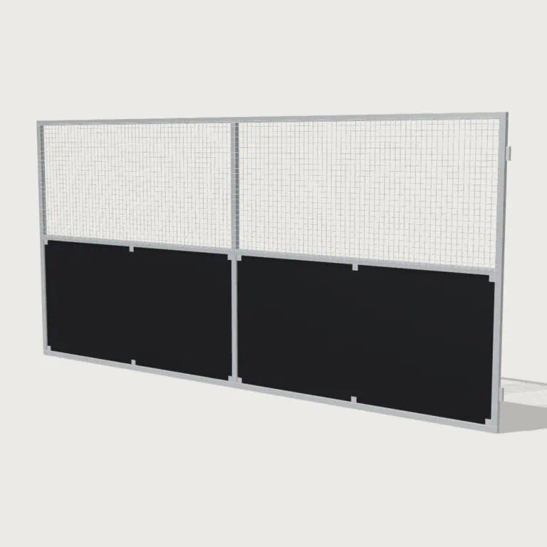 Guerilla Steel Stables rear panel, 5000 × 2400 mm, galvanised 50×50 SHS frame, black ply lower, welded mesh upper.