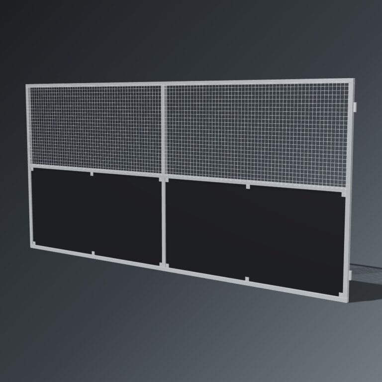 Guerilla Steel Stables rear panel, 5000 × 2400 mm, galvanised 50×50 SHS frame, black ply lower, welded mesh upper.