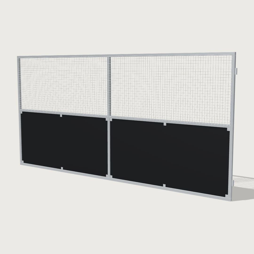 Guerilla Steel Stables rear panel, 5000 × 2400 mm, galvanised 50×50 SHS frame, black ply lower, welded mesh upper.