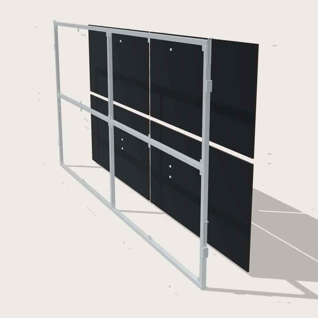 Guerilla Steel Stables end / divider, 5000 × 2400 mm, galvanised 50×50 SHS frame, full ply infill.