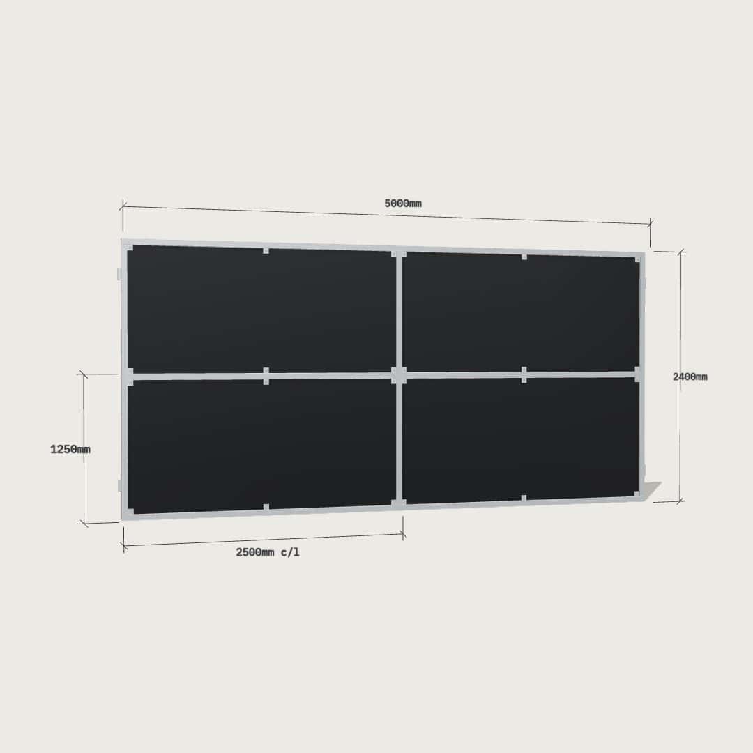 Guerilla Steel Stables rear panel, 5000 × 2400 mm, galvanised 50×50 SHS frame, full ply infill.