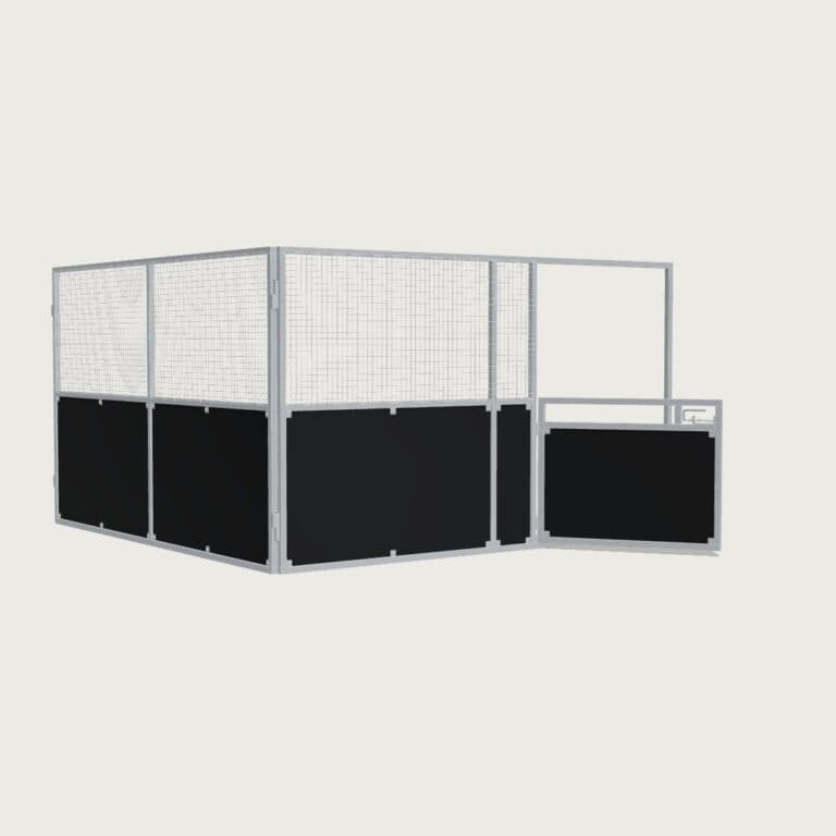 Guerilla Steel Stables standard base stable, 4 × 4 m inside, galvanised 50×50 SHS panels with black ply lower, welded mesh upper, 1500 × 1200 mm swing gate with slam latch.