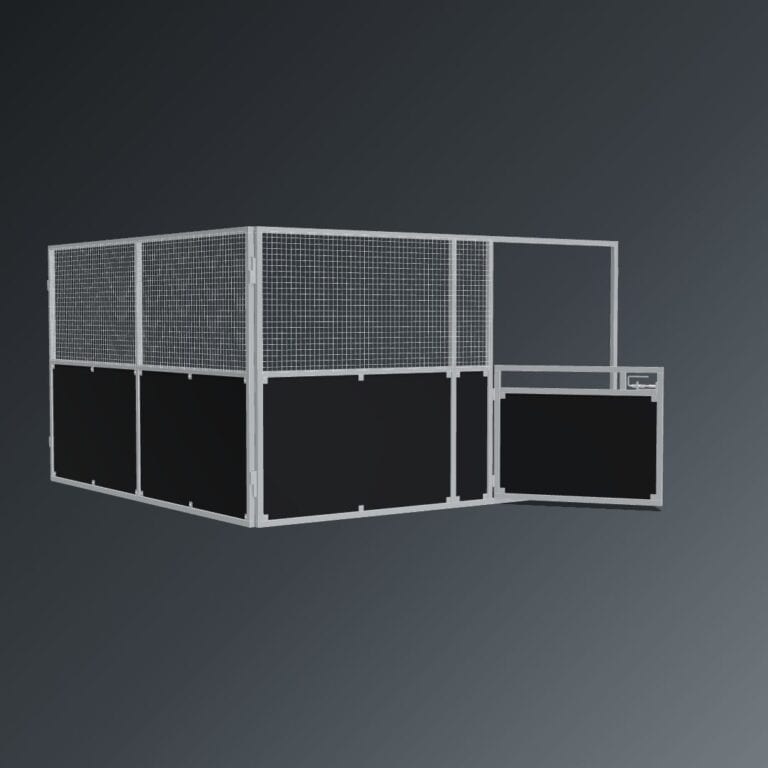 Guerilla Steel Stables standard base stable, 4 × 4 m inside, galvanised 50×50 SHS panels with black ply lower, welded mesh upper, 1500 × 1200 mm swing gate with slam latch.