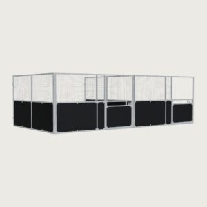 Guerilla Steel Stables standard 2-bay row of stables, each 4 × 4 m inside, galvanised 50×50 SHS panels, black ply lower, welded mesh upper, stable front with swing gates (1500 × 1200 mm gate with slam latch).
