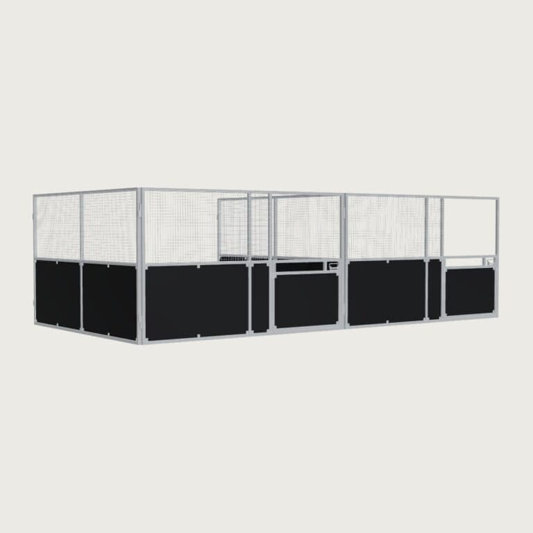 Guerilla Steel Stables standard 2-bay row of stables, each 4 × 4 m inside, galvanised 50×50 SHS panels, black ply lower, welded mesh upper, stable front with swing gates (1500 × 1200 mm gate with slam latch).