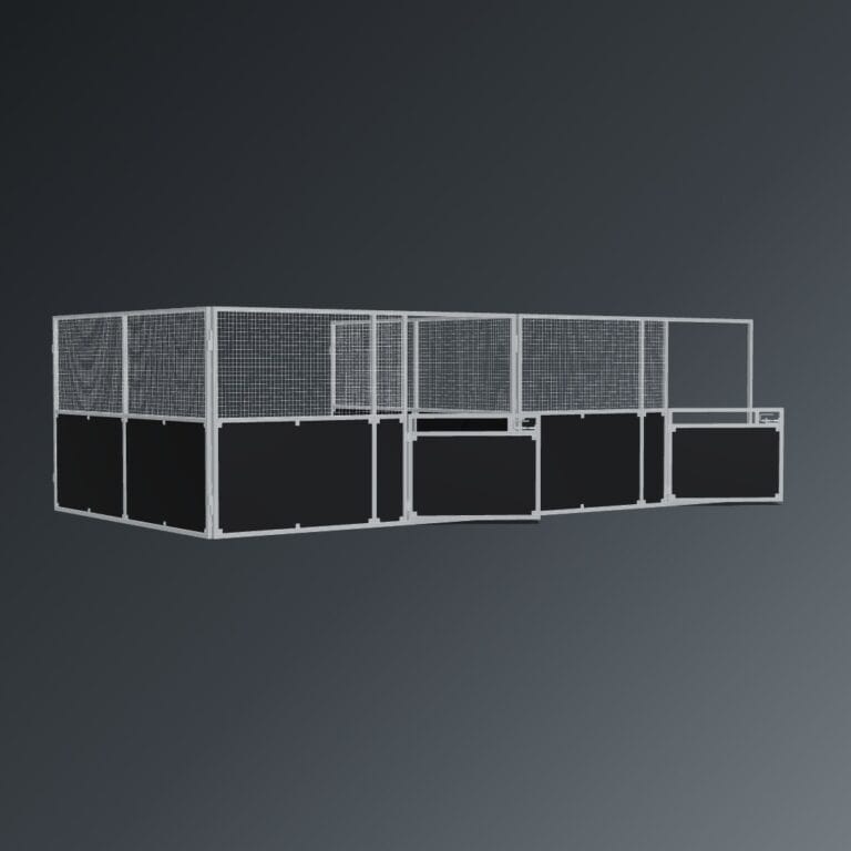Guerilla Steel Stables standard 2-bay row of stables, each 4 × 4 m inside, galvanised 50×50 SHS panels, black ply lower, welded mesh upper, stable front with swing gates (1500 × 1200 mm gate with slam latch).