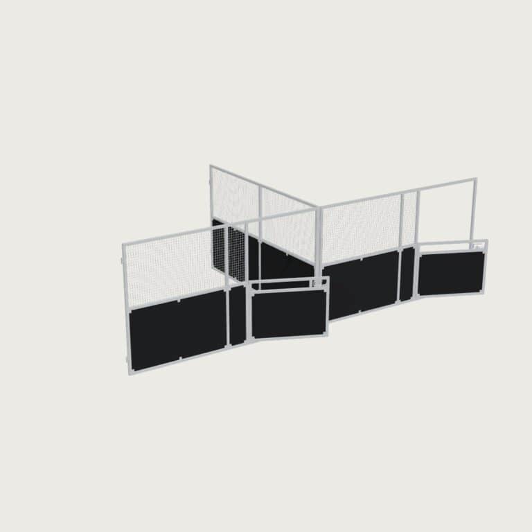 Guerilla Steel Stables standard 2-bay row of stables, each 4 × 4 m inside, galvanised 50×50 SHS panels, black ply lower, welded mesh upper, stable front with swing gates (1500 × 1200 mm gate with slam latch).