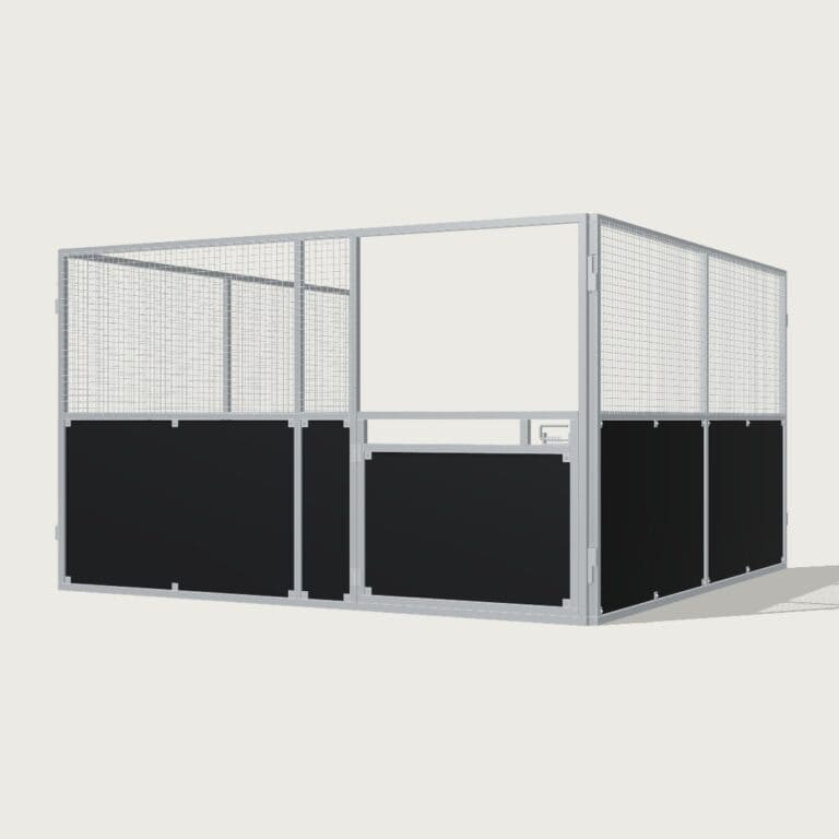 Guerilla Steel Stables standard base stable, 4 × 4 m inside, galvanised 50×50 SHS panels, black ply lower, welded mesh upper, stable front with swing gate (1500 × 1200 mm gate with slam latch).