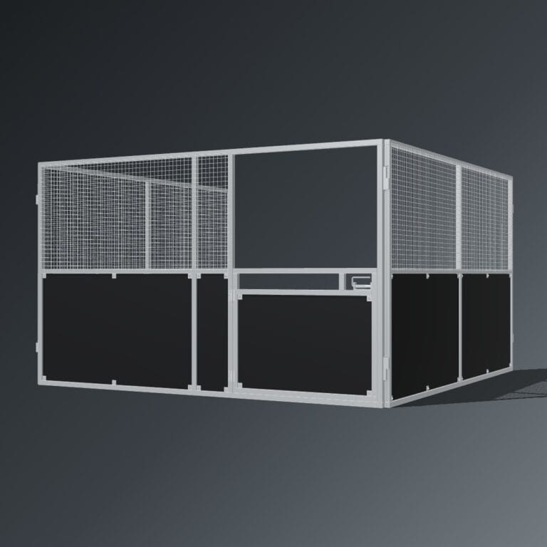 Guerilla Steel Stables standard base stable, 4 × 4 m inside, galvanised 50×50 SHS panels, black ply lower, welded mesh upper, stable front with swing gate (1500 × 1200 mm gate with slam latch).
