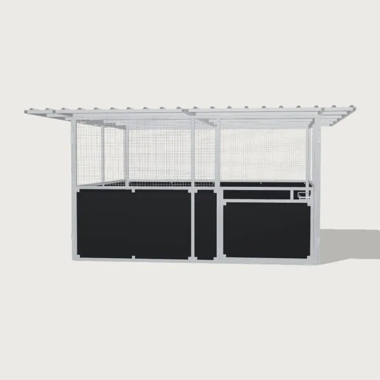Guerilla Steel Stables standard base stable, 4 × 4 m inside, galvanised 50×50 SHS panels, rears ply lower, mesh upper; ends ply lower, open upper, stable front with swing gate (1500 × 1200 mm gate with slam latch), white Trimdek roof with 900 mm front overhang and 450 mm side extensions.