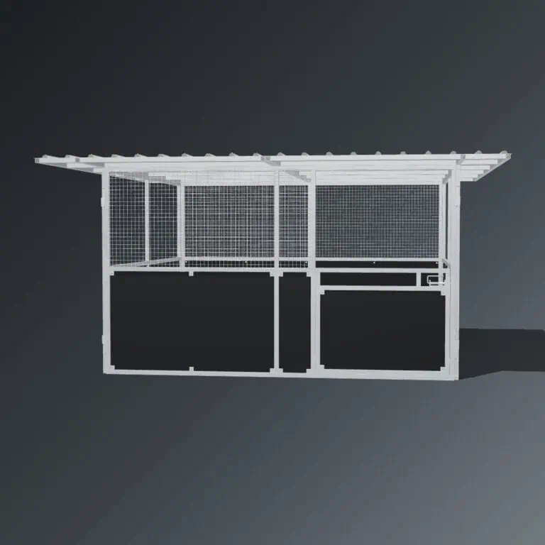 Guerilla Steel Stables standard base stable, 4 × 4 m inside, galvanised 50×50 SHS panels, rears ply lower, mesh upper; ends ply lower, open upper, stable front with swing gate (1500 × 1200 mm gate with slam latch), white Trimdek roof with 900 mm front overhang and 450 mm side extensions.