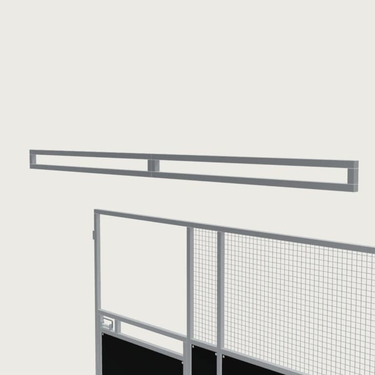 Guerilla Steel Stables standard base stable, 4 × 4 m inside, galvanised 50×50 SHS panels with black ply lower, welded mesh upper, 1500 × 1200 mm swing gate with slam latch, high airflow raisers lifting the front of the roof 200 mm.