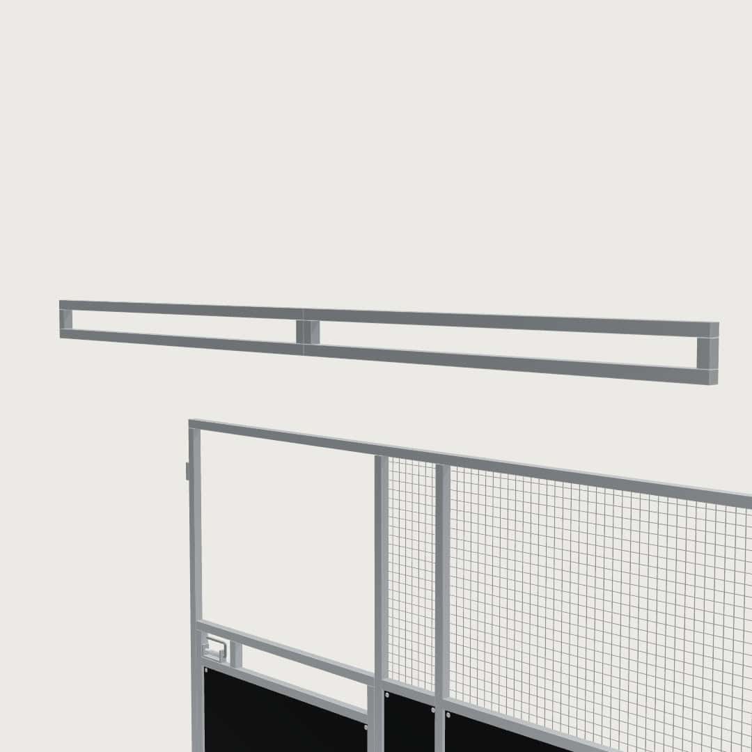 Guerilla Steel Stables standard base stable, 4 × 4 m inside, galvanised 50×50 SHS panels with black ply lower, welded mesh upper, 1500 × 1200 mm swing gate with slam latch, high airflow raisers lifting the front of the roof 200 mm.