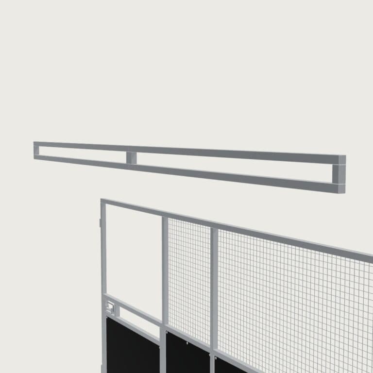 Guerilla Steel Stables extra large base stable, 5 × 5 m inside, galvanised 50×50 SHS panels with black ply lower, welded mesh upper, 1500 × 1200 mm swing gate with slam latch, high airflow raisers lifting the front of the roof 200 mm.