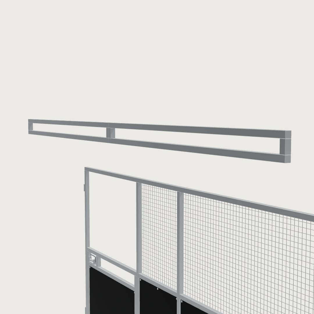 Guerilla Steel Stables extra large base stable, 5 × 5 m inside, galvanised 50×50 SHS panels with black ply lower, welded mesh upper, 1500 × 1200 mm swing gate with slam latch, high airflow raisers lifting the front of the roof 200 mm.