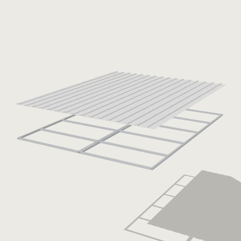 Guerilla Steel Stables standard base stable, 4 × 4 m inside, galvanised 50×50 SHS panels, black ply lower, welded mesh upper, stable front with swing gate (1500 × 1200 mm gate with slam latch), white Trimdek roof with 900 mm front overhang.
