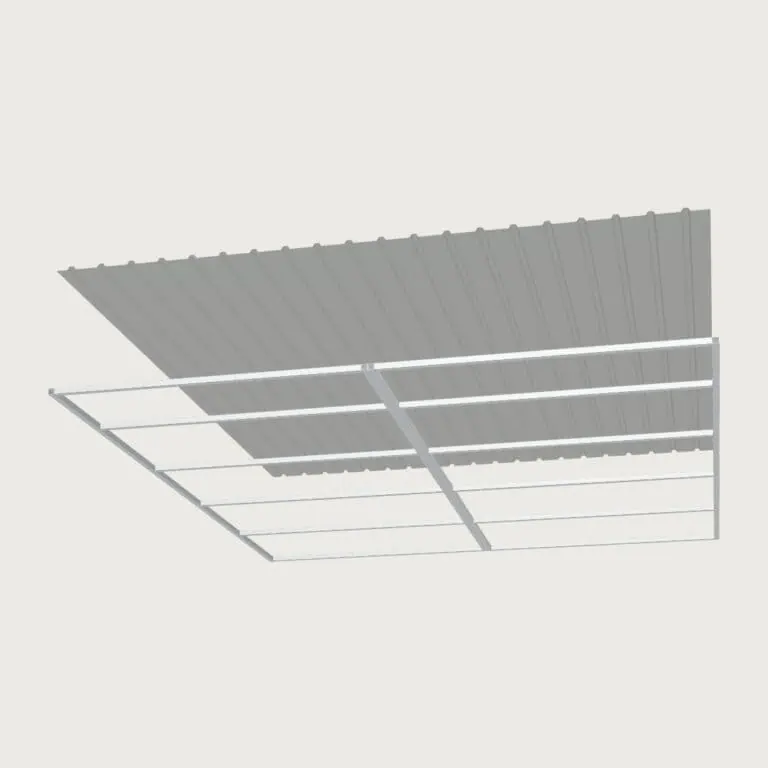 Guerilla Steel Stables extra large base stable, 5 × 5 m inside, galvanised 50×50 SHS panels, black ply lower, welded mesh upper, stable front with swing gate (1500 × 1200 mm gate with slam latch), white Trimdek roof with 900 mm front overhang.