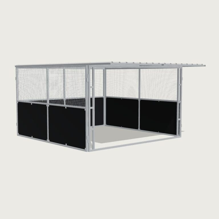 Guerilla Steel Stables standard shelter, 4 × 4 m inside, galvanised 50×50 SHS panels, sides black ply lower, welded mesh upper, open front, white Trimdek roof with 900 mm front overhang.
