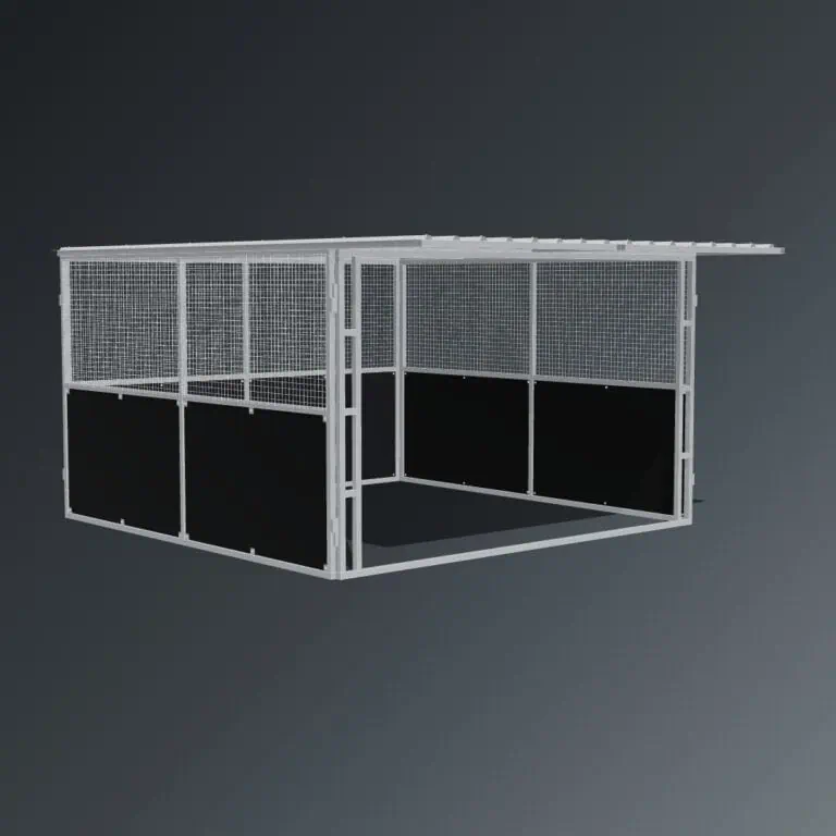 Guerilla Steel Stables standard shelter, 4 × 4 m inside, galvanised 50×50 SHS panels, sides black ply lower, welded mesh upper, open front, white Trimdek roof with 900 mm front overhang.