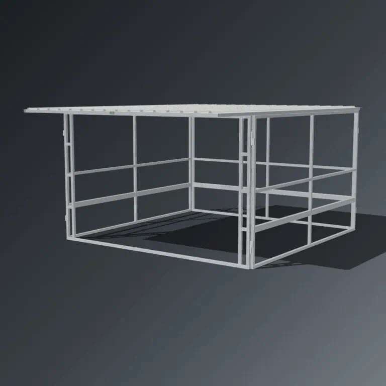 Guerilla Steel Stables standard shelter, 4 × 4 m inside, galvanised 50×50 SHS panels, sides 2 rail (100×50 rails), open upper, open front, white Trimdek roof with 900 mm front overhang.