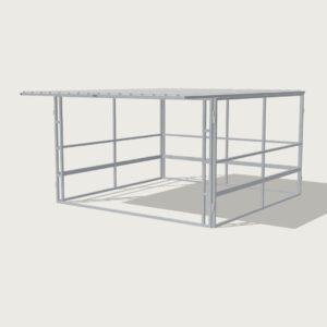 Guerilla Steel Stables standard shelter, 4 × 4 m inside, galvanised 50×50 SHS panels, sides 2 rail (100×50 rails), open upper, open front, white Trimdek roof with 900 mm front overhang.