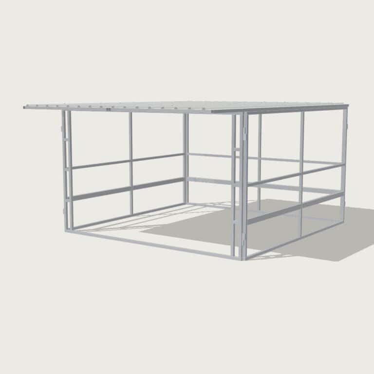 Guerilla Steel Stables standard shelter, 4 × 4 m inside, galvanised 50×50 SHS panels, sides 2 rail (100×50 rails), open upper, open front, white Trimdek roof with 900 mm front overhang.