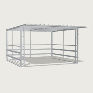 Guerilla Steel Stables standard shelter, 4 × 4 m inside, galvanised 50×50 SHS panels, sides 3 rail (100×50 rails), open upper, open front, white Trimdek roof with 900 mm front overhang.