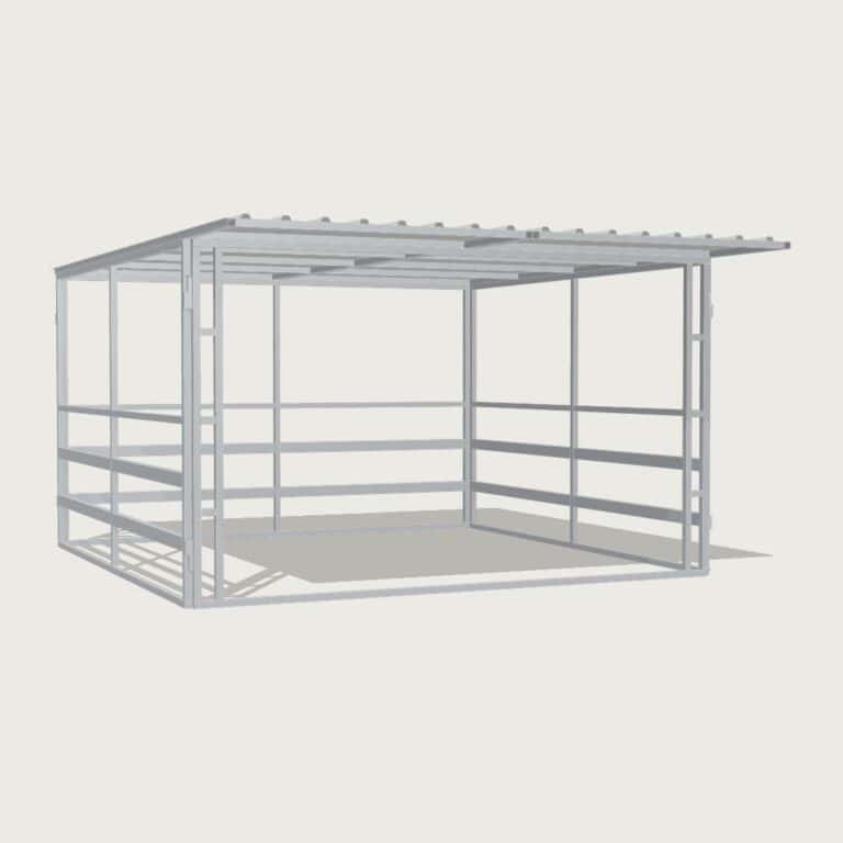 Guerilla Steel Stables standard shelter, 4 × 4 m inside, galvanised 50×50 SHS panels, sides 3 rail (100×50 rails), open upper, open front, white Trimdek roof with 900 mm front overhang.