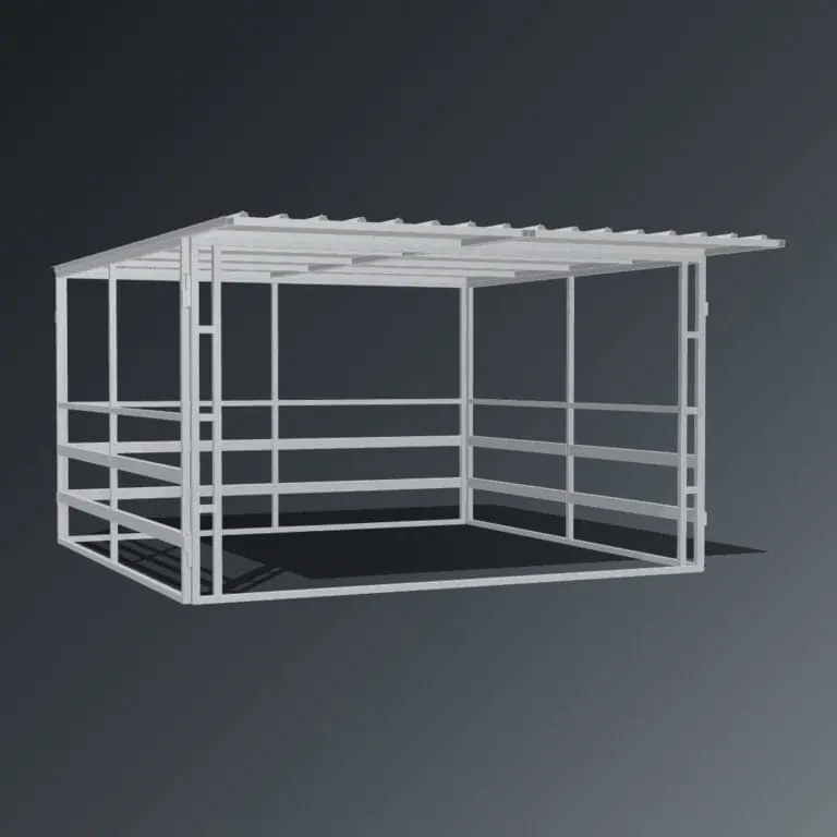 Guerilla Steel Stables standard shelter, 4 × 4 m inside, galvanised 50×50 SHS panels, sides 3 rail (100×50 rails), open upper, open front, white Trimdek roof with 900 mm front overhang.
