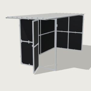 Guerilla Steel Stables tack / feed room, 2 × 4 m, galvanised 50×50 SHS panels with full black ply, 900 mm full-height lockable door, white Trimdek roof.