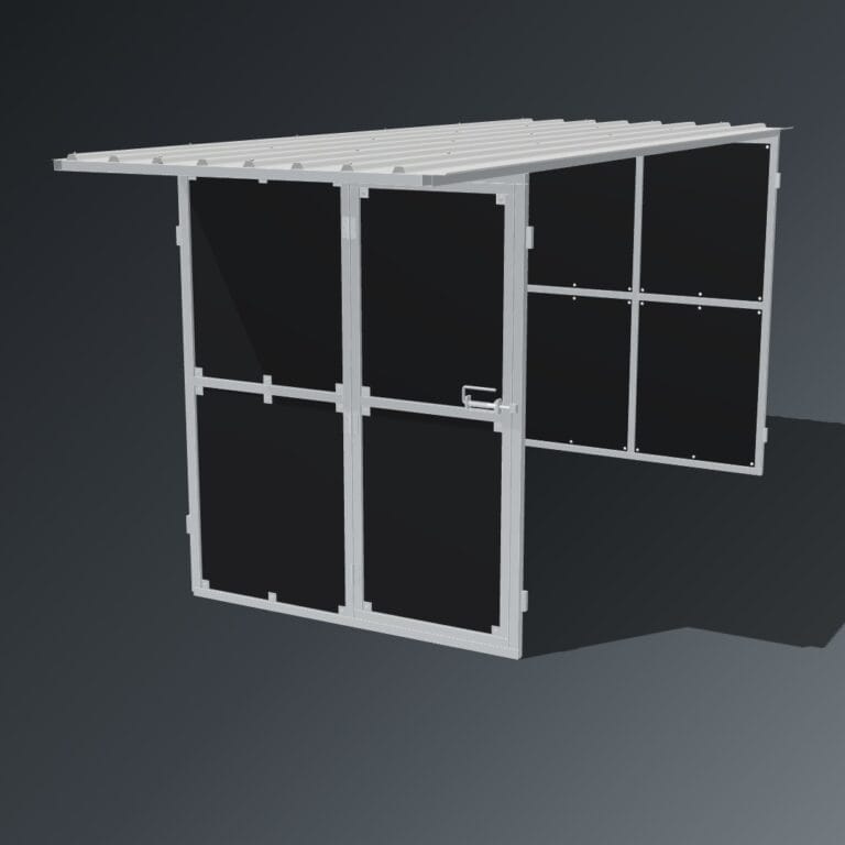 Guerilla Steel Stables tack / feed room, 2 × 4 m, galvanised 50×50 SHS panels with full black ply, 900 mm full-height lockable door, white Trimdek roof.