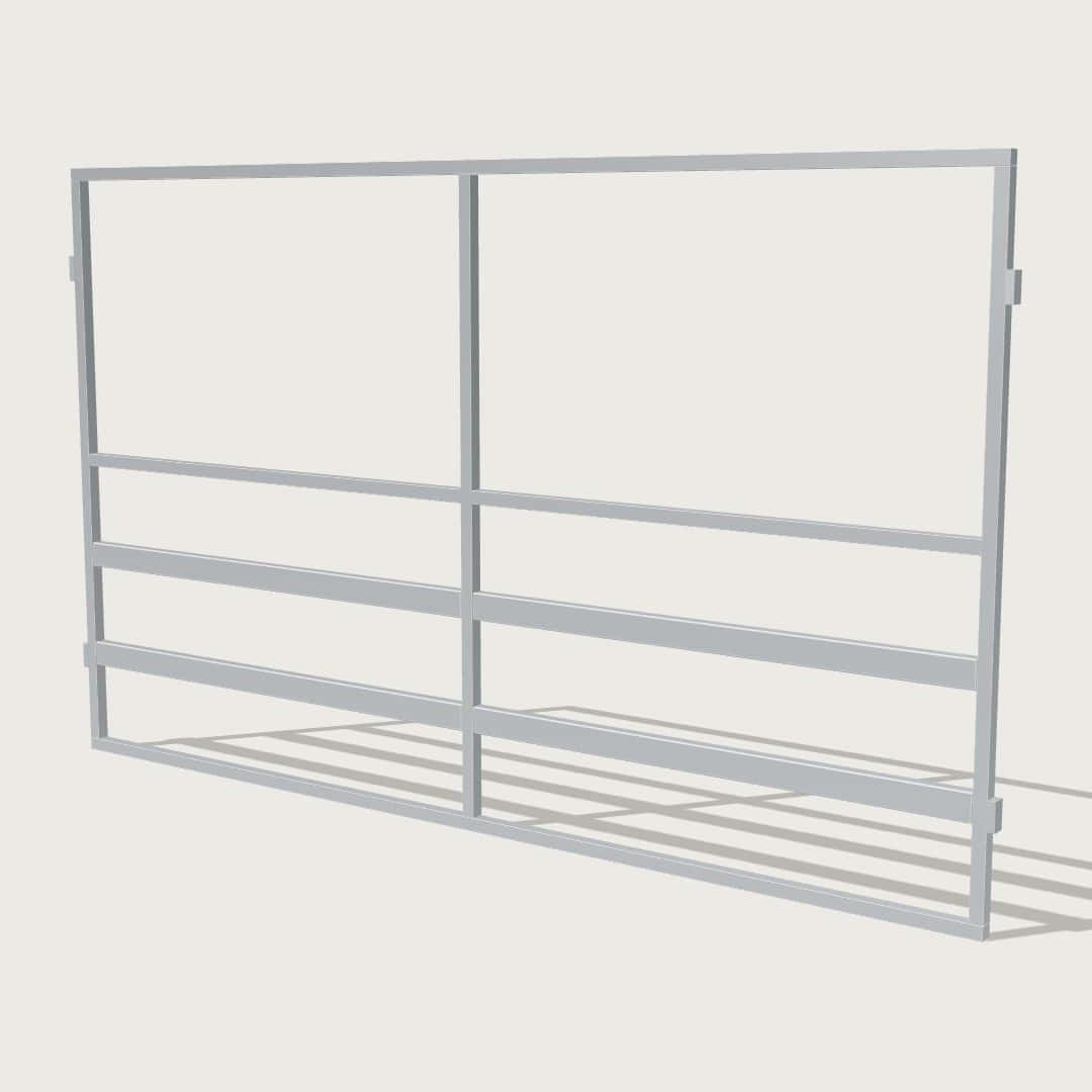 Guerilla Steel Stables end / divider, 4000 × 2400 mm, galvanised 50×50 SHS frame, 3 rail (100×50 rails), open upper.