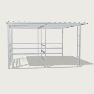 Guerilla Steel Stables standard shelter, 4 × 4 m inside, galvanised 50×50 SHS panels, sides 3 rail (100×50 rails), open upper, open front, wash / grooming divider, white Trimdek roof with 900 mm front overhang.