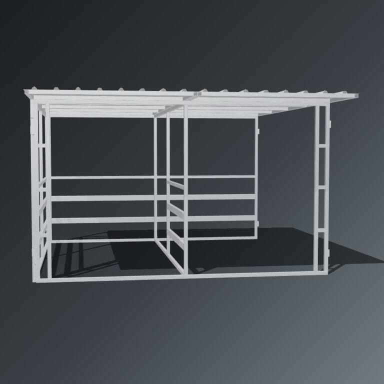 Guerilla Steel Stables standard shelter, 4 × 4 m inside, galvanised 50×50 SHS panels, sides 3 rail (100×50 rails), open upper, open front, wash / grooming divider, white Trimdek roof with 900 mm front overhang.